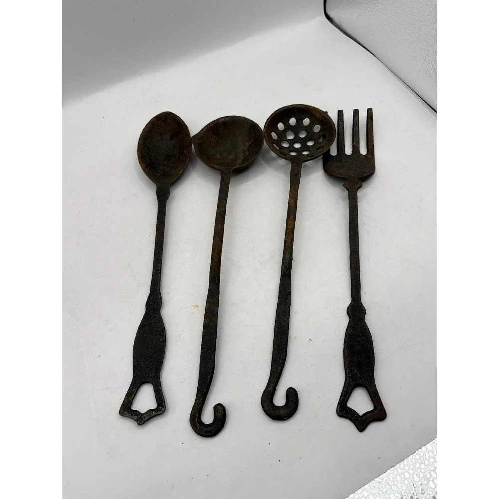 Vintage 4 Piece Cast Iron Kitchen Utensils Hanging Rustic Primitive Patina Farm